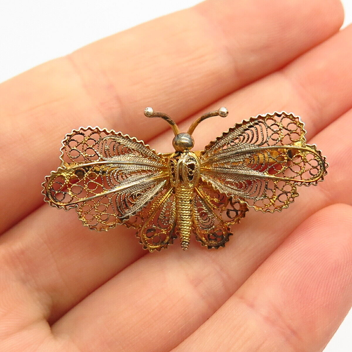 800 Silver Gold Plated Vintage Filigree Butterfly Design Pin Brooch