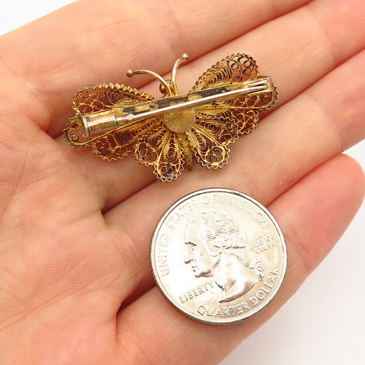 800 Silver Gold Plated Vintage Filigree Butterfly Design Pin Brooch