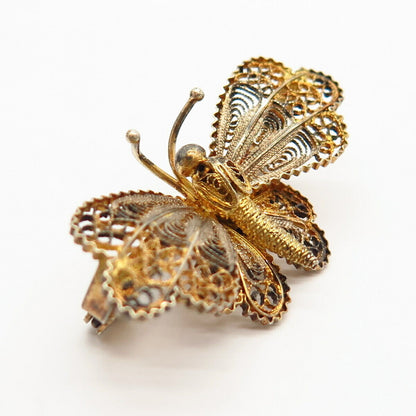 800 Silver Gold Plated Vintage Filigree Butterfly Design Pin Brooch