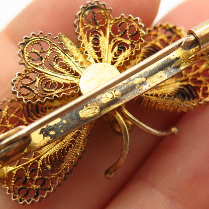 800 Silver Gold Plated Vintage Filigree Butterfly Design Pin Brooch