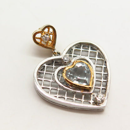 925 Sterling Silver 2-Tone Real Blue Topaz Gem & C Z Heart Design Slide Pendant