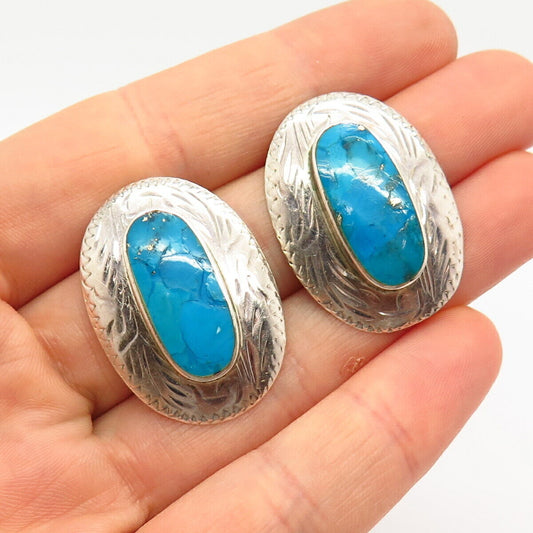 925 Sterling Silver Faux Turquoise Etched Oval Design Earrings