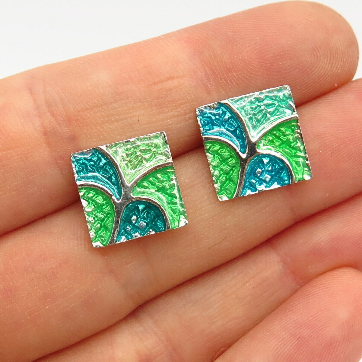 925 Sterling Silver Enamel Tree Design Square Stud Earrings