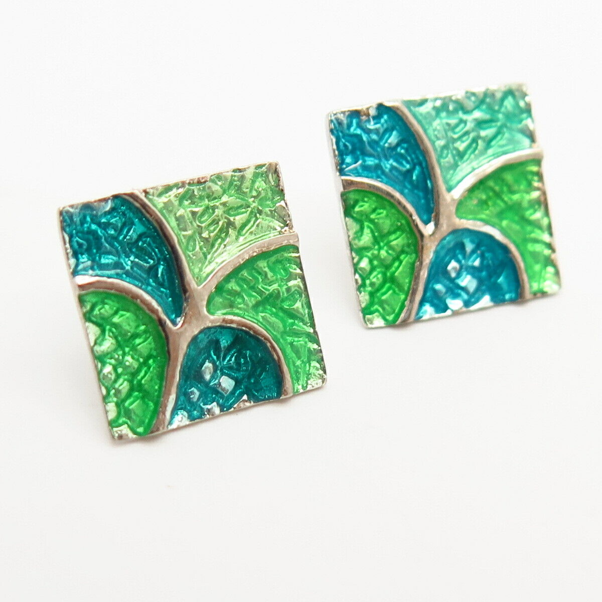 925 Sterling Silver Enamel Tree Design Square Stud Earrings