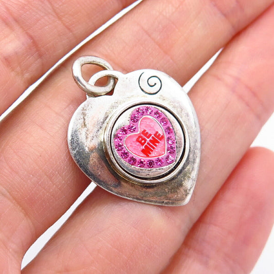 925 Sterling Silver Pink C Z "Be Mine" Heart Design Snap Button Pendant