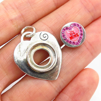 925 Sterling Silver Pink C Z "Be Mine" Heart Design Snap Button Pendant