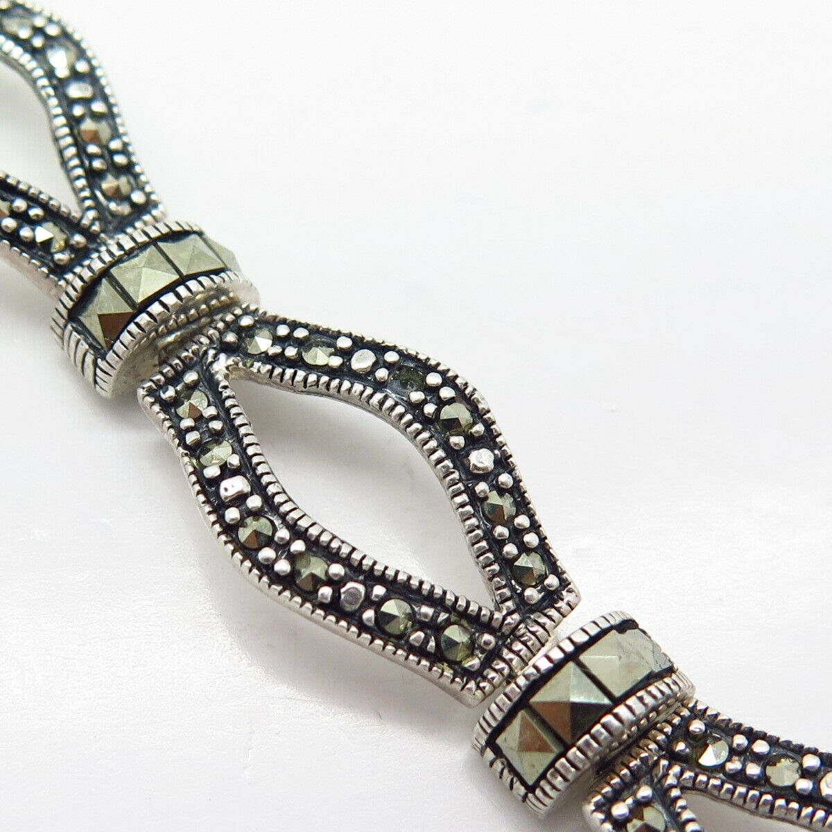 925 Sterling Silver Real Marcasite Gemstone Link Bracelet 7"