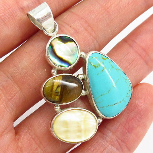 925 Sterling Turquoise Tiger Eye Gem & Abalone Shell Mother-Of-Pearl Pendant