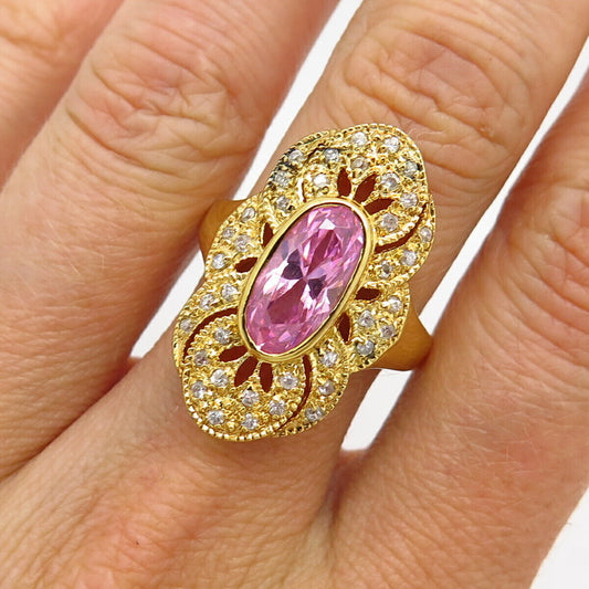 925 Sterling Silver Gold Plated White & Morganite-Tone C Z Floral Ring Size 8