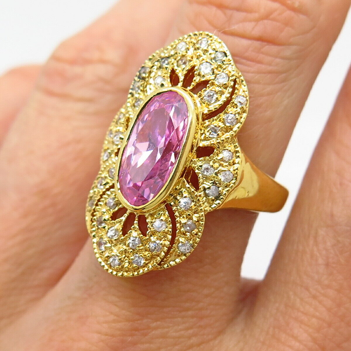 925 Sterling Silver Gold Plated White & Morganite-Tone C Z Floral Ring Size 8