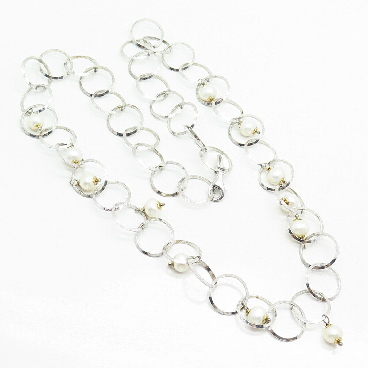 925 Sterling Silver Real Pearl Circle Design Rolo Chain Necklace 22"