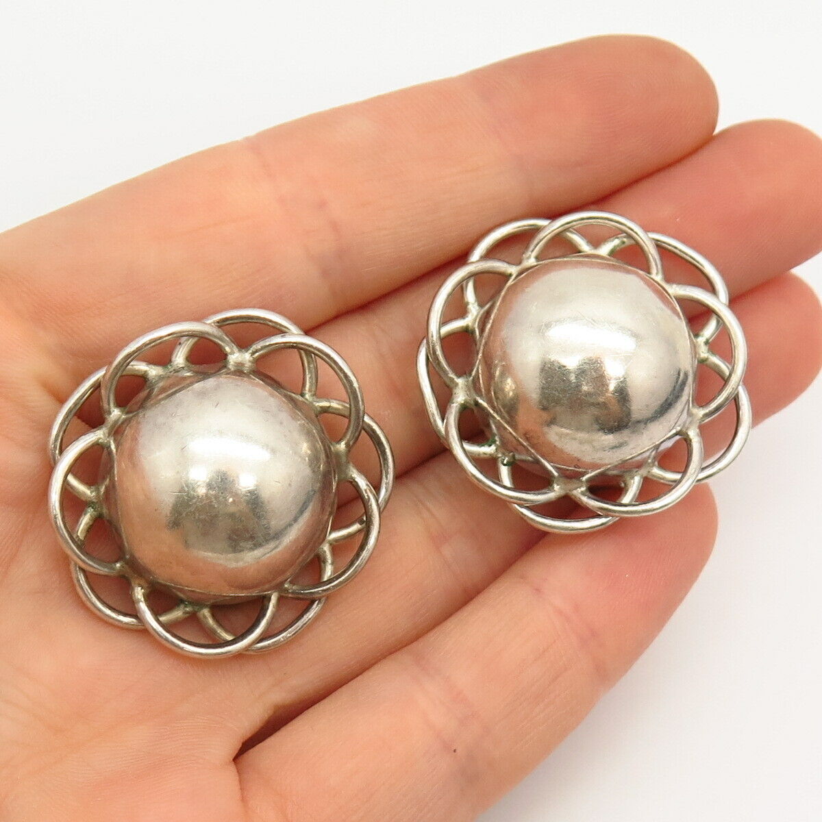 925 Sterling Silver Vintage Mexico Hollow Domed Design Clip On Earrings