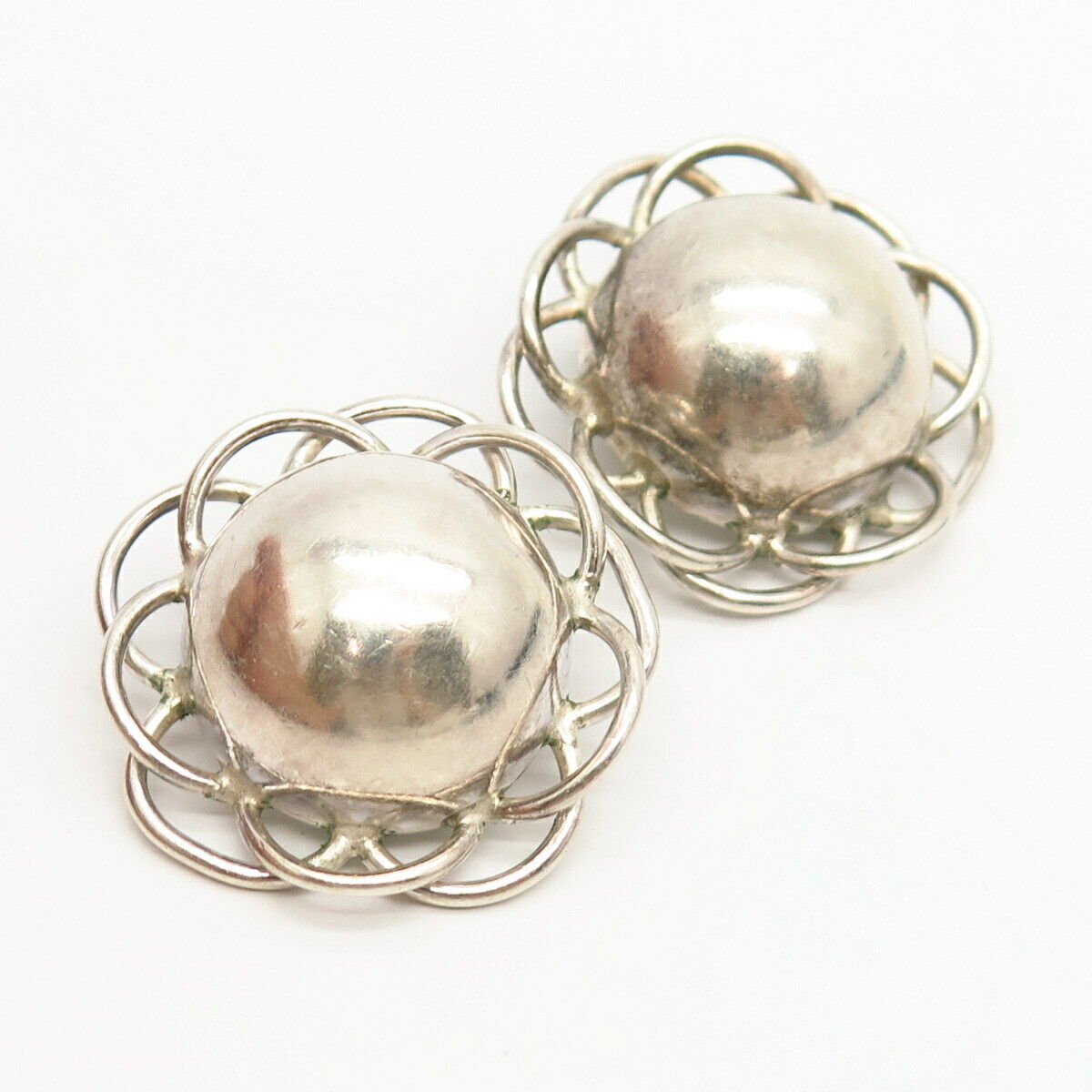 925 Sterling Silver Vintage Mexico Hollow Domed Design Clip On Earrings