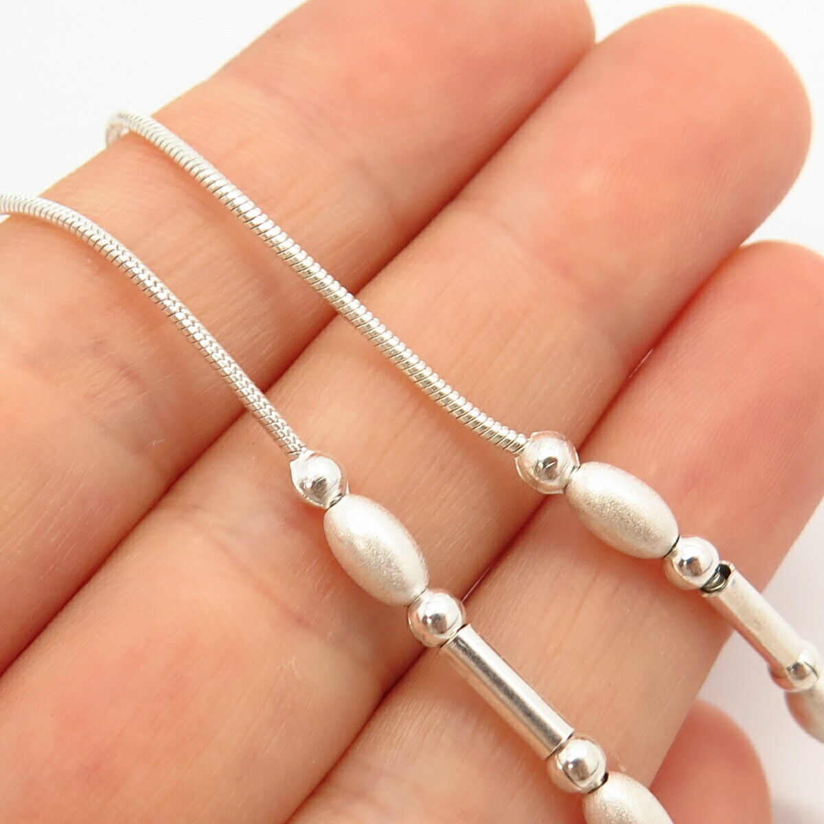 925 Sterling Silver Italy Bead Design Herringbone Chain Necklace 15"