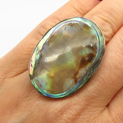 925 Sterling Silver Real Abalone Shell Wide Statement Ring Size 6.5