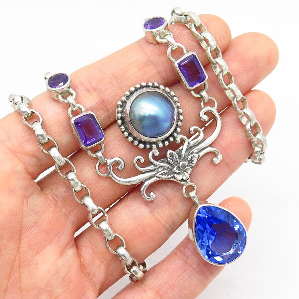 925 Sterling Silver Real Pearl Amethyst Gem Royal Blue Glass Chain Necklace 16"