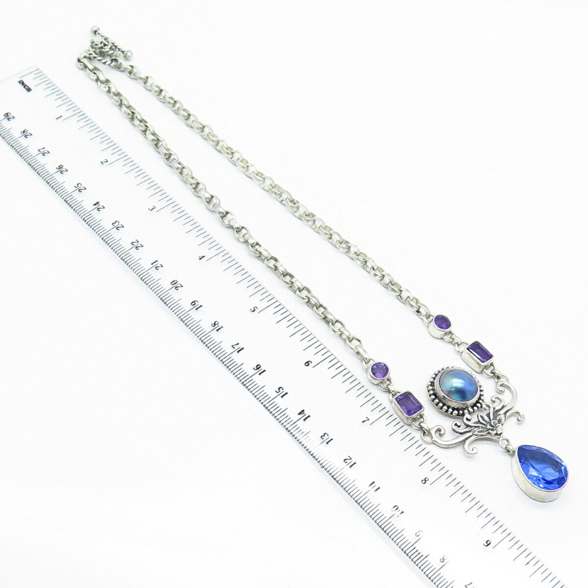 925 Sterling Silver Real Pearl Amethyst Gem Royal Blue Glass Chain Necklace 16"