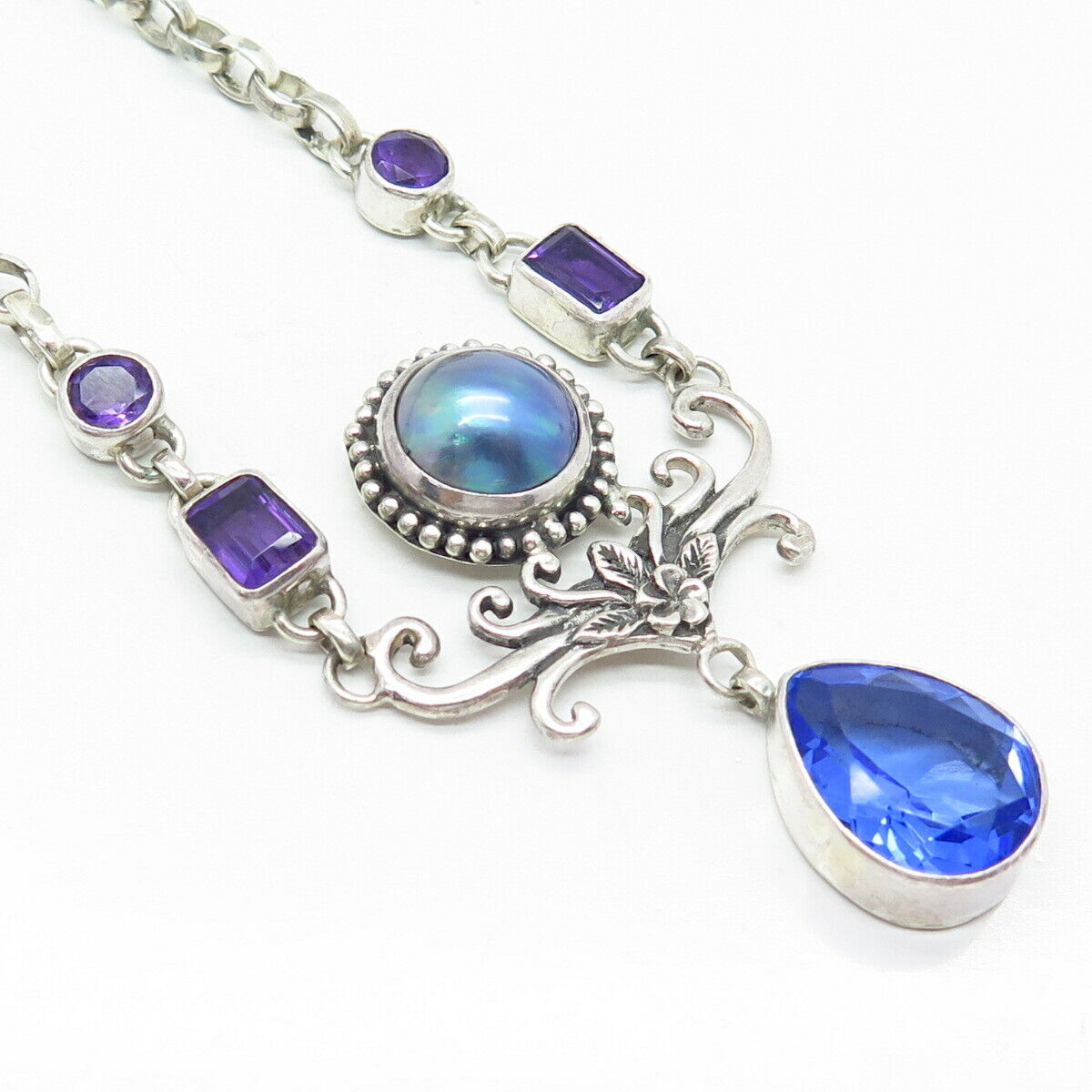 925 Sterling Silver Real Pearl Amethyst Gem Royal Blue Glass Chain Necklace 16"