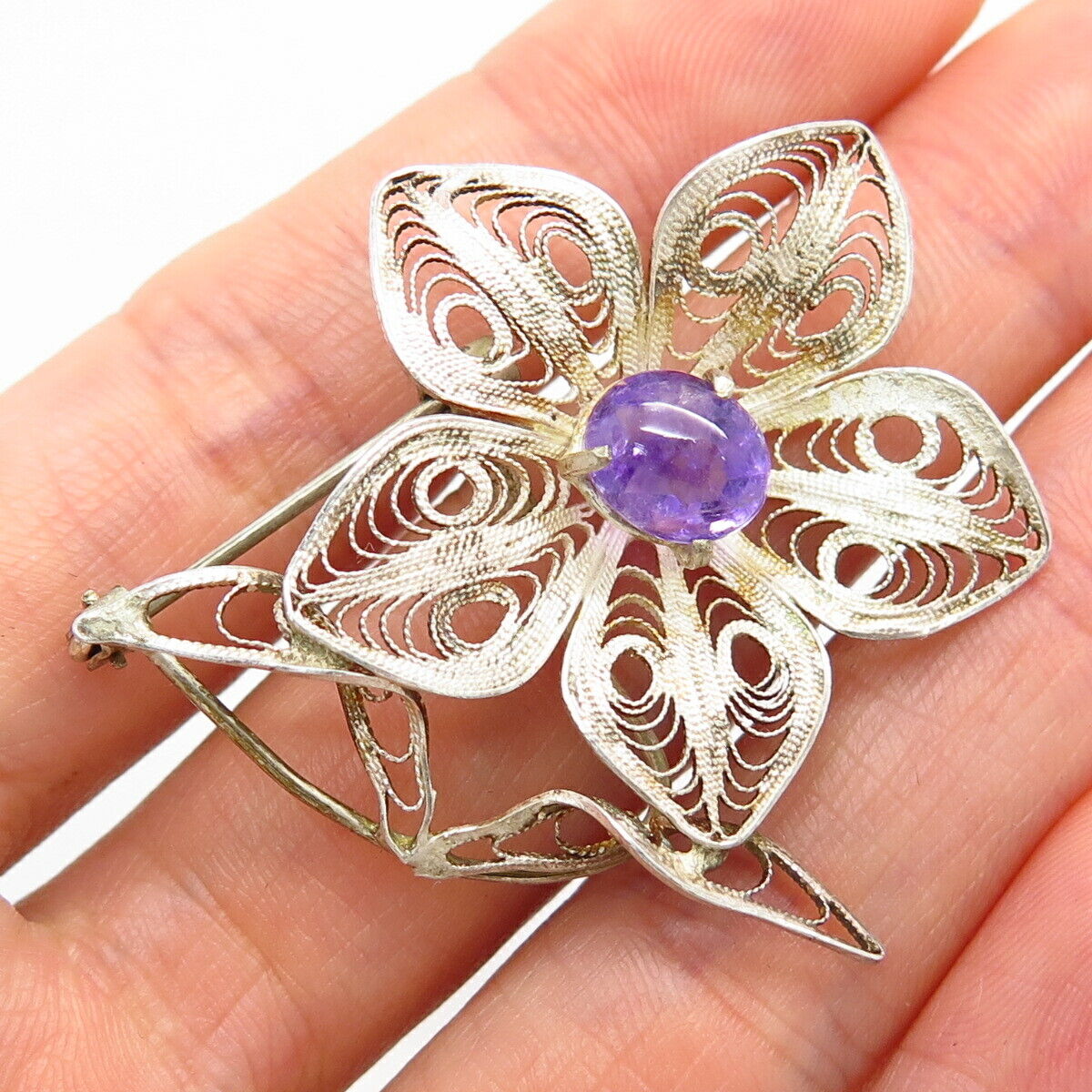 900 Silver Antique Real Cabochon Amethyst Gem Filigree Floral Design Pin Brooch