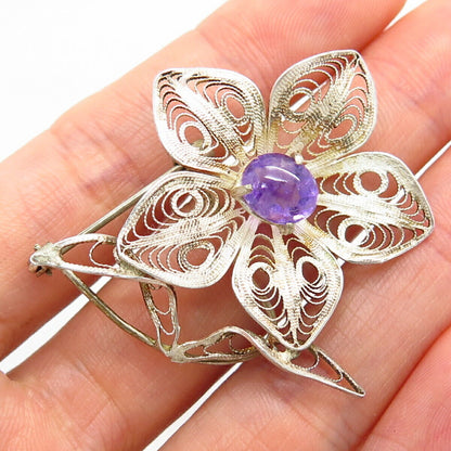 900 Silver Antique Real Cabochon Amethyst Gem Filigree Floral Design Pin Brooch