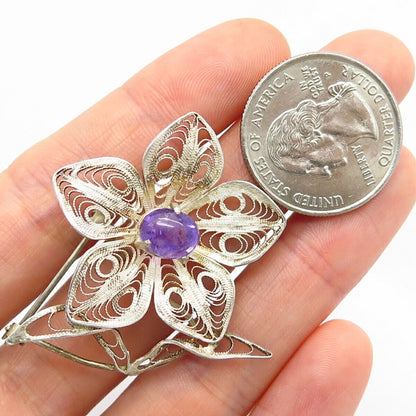 900 Silver Antique Real Cabochon Amethyst Gem Filigree Floral Design Pin Brooch