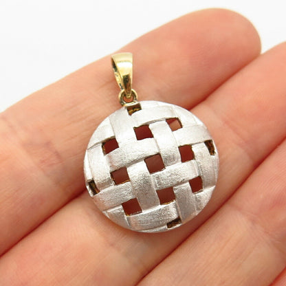 925 Sterling Silver 2-Tone Woven Grid Design Round Pendant