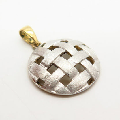 925 Sterling Silver 2-Tone Woven Grid Design Round Pendant