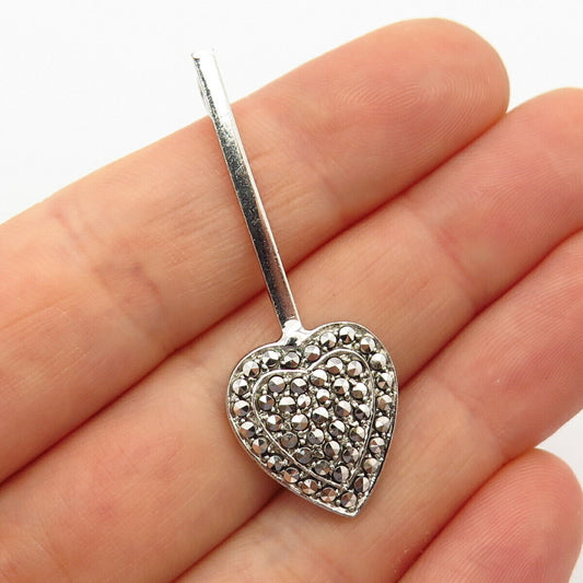 925 Sterling Silver Vintage Real Marcasite Gemstone Heart Design Slide Pendant