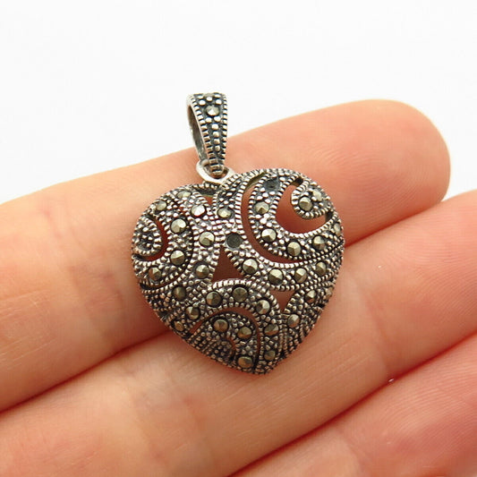 925 Sterling Silver Real Marcasite Gemstone Heart Design Pendant