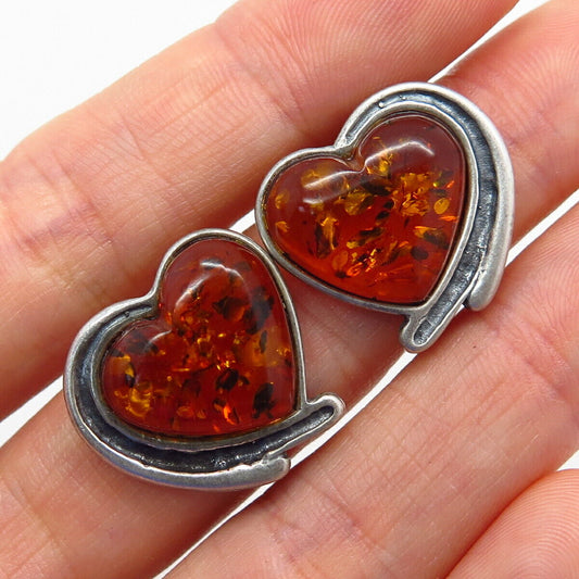 925 Sterling Silver Real Amber Heart Design Stud Earrings