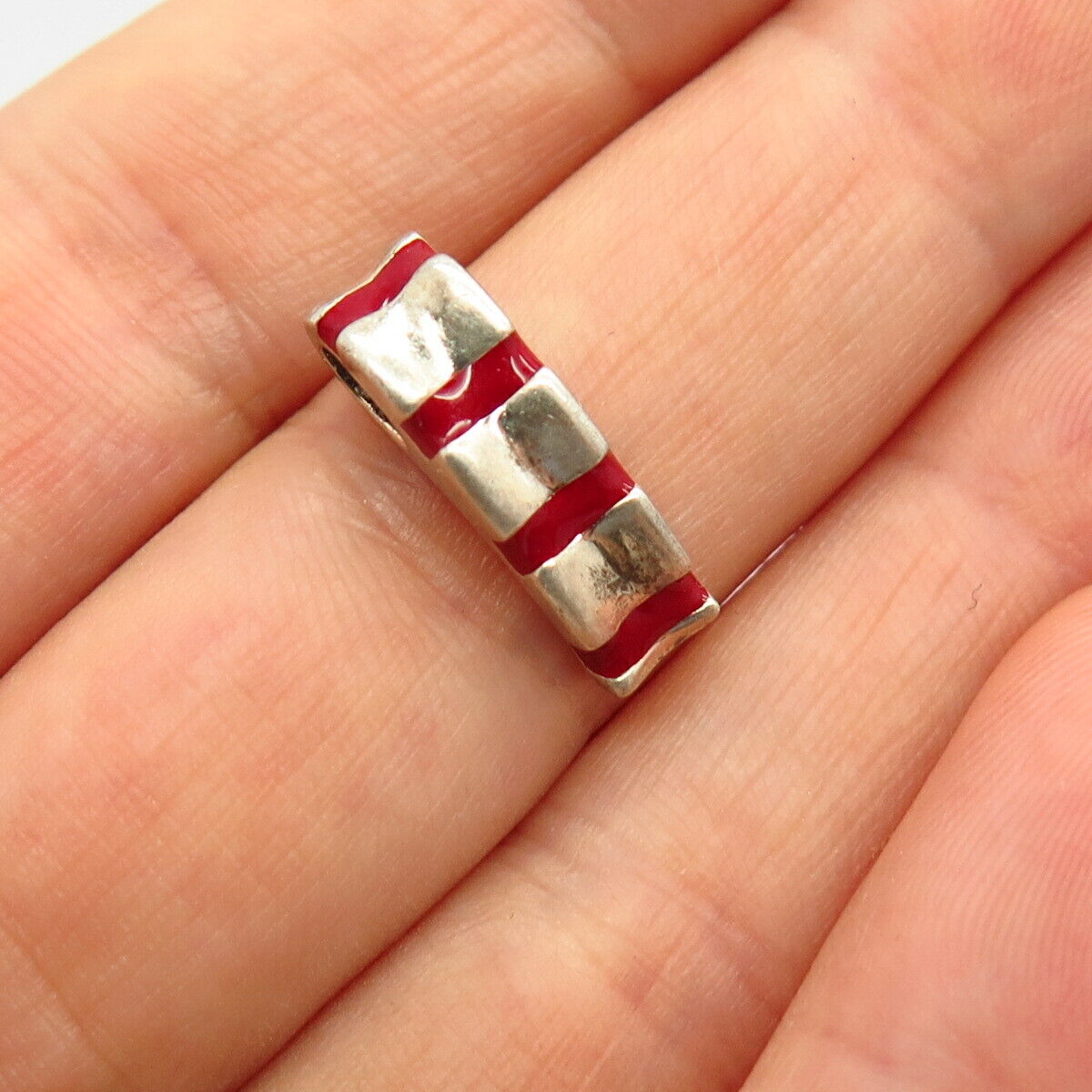 925 Sterling Silver Red Enamel Striped Design Slide Pendant