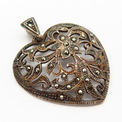 925 Sterling Silver Real Marcasite Gem Floral Design Heart Shape Ornate Pendant