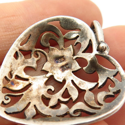 925 Sterling Silver Real Marcasite Gem Floral Design Heart Shape Ornate Pendant