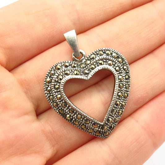 925 Sterling Silver Real Marcasite Gemstone Open Heart Shape Pendant