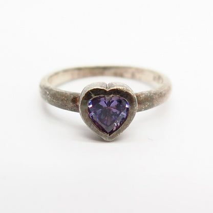 925 Sterling Silver Amethyst-Tone C Z Heart Design Ring Size 6