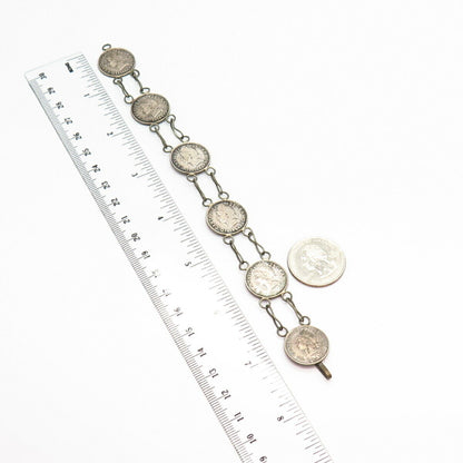 900 Silver Vintage 1944 Dominican Republic 10 Centavos Coin Link Bracelet 7"