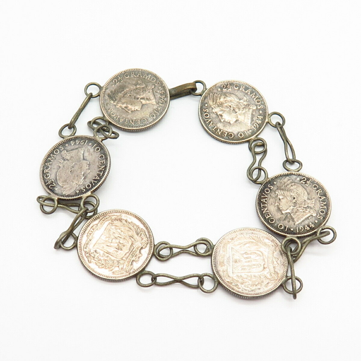 900 Silver Vintage 1944 Dominican Republic 10 Centavos Coin Link Bracelet 7"