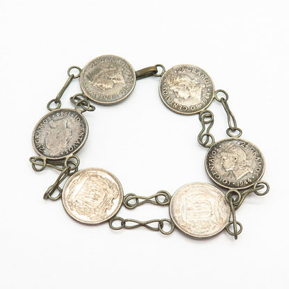 900 Silver Vintage 1944 Dominican Republic 10 Centavos Coin Link Bracelet 7"