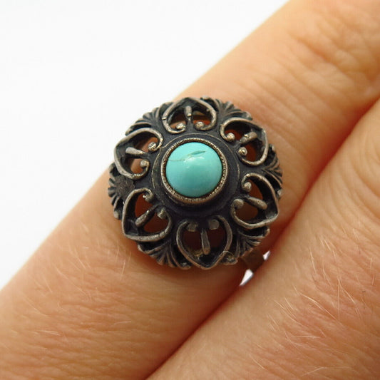 875 Silver Vintage Europe Real Turquoise Gem Floral Design Pinky Ring Size 1.5