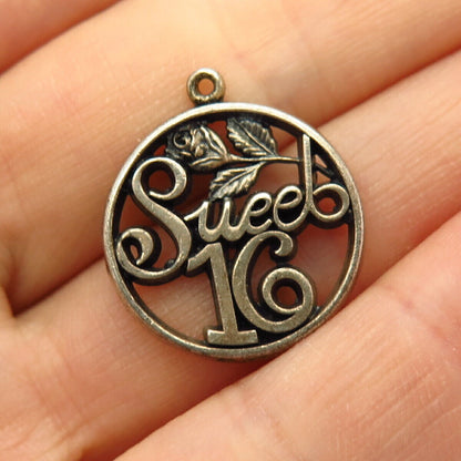 925 Sterling Silver Vintage Wells "Sweet 16" Round Charm Pendant