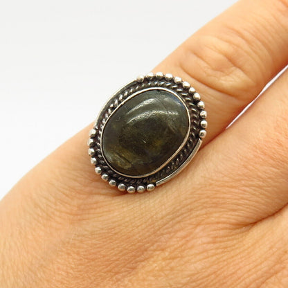 925 Sterling Silver Real Labradorite Gemstone Oval Ring Size 6