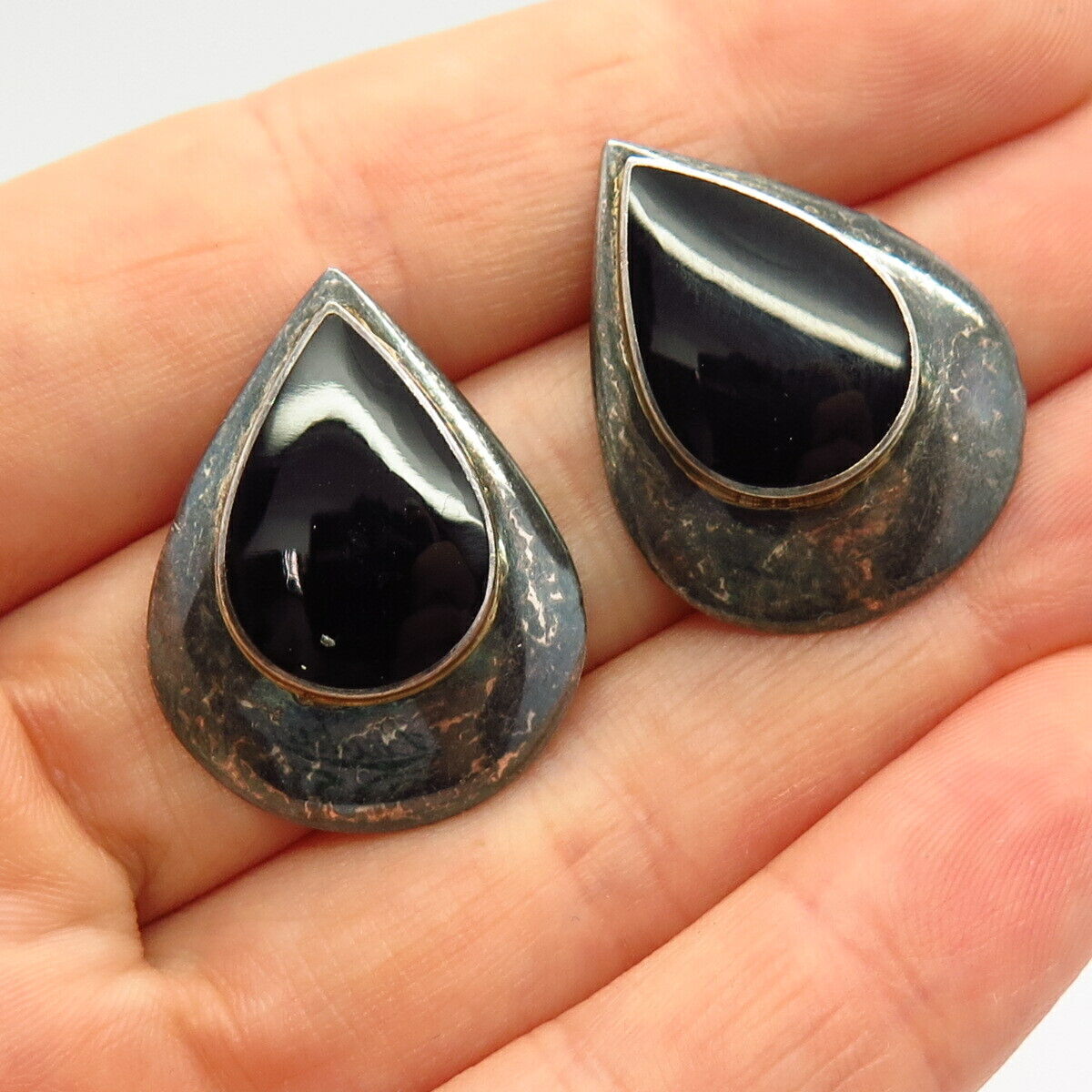 925 Sterling Silver Real Black Onyx Gemstone Teardrop Design Earrings