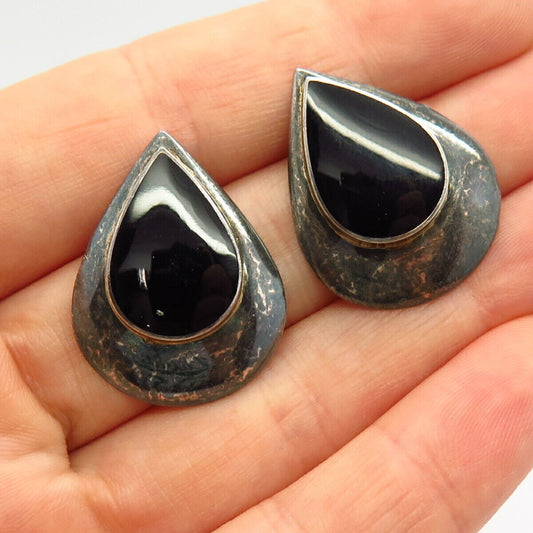 925 Sterling Silver Real Black Onyx Gemstone Teardrop Design Earrings