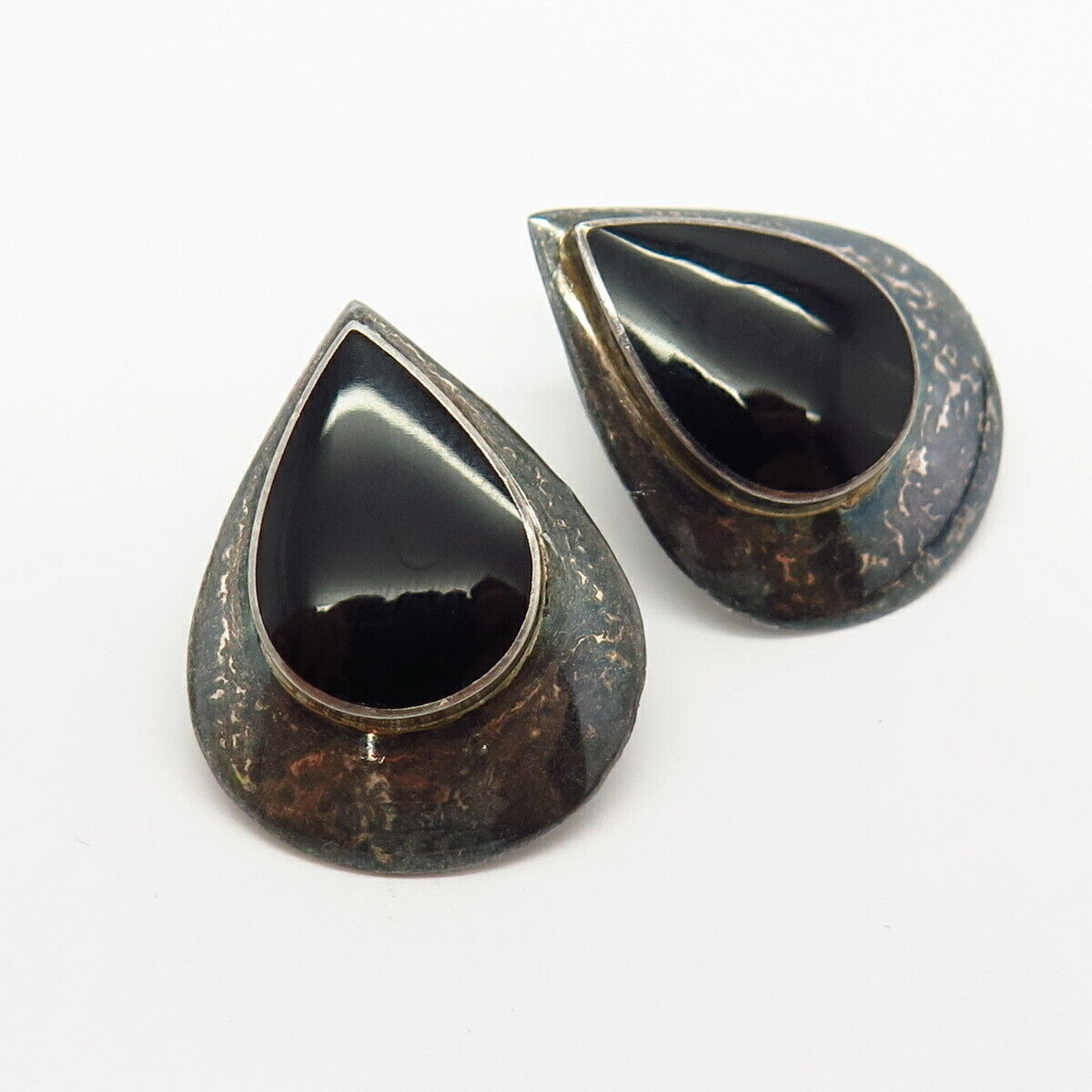 925 Sterling Silver Real Black Onyx Gemstone Teardrop Design Earrings