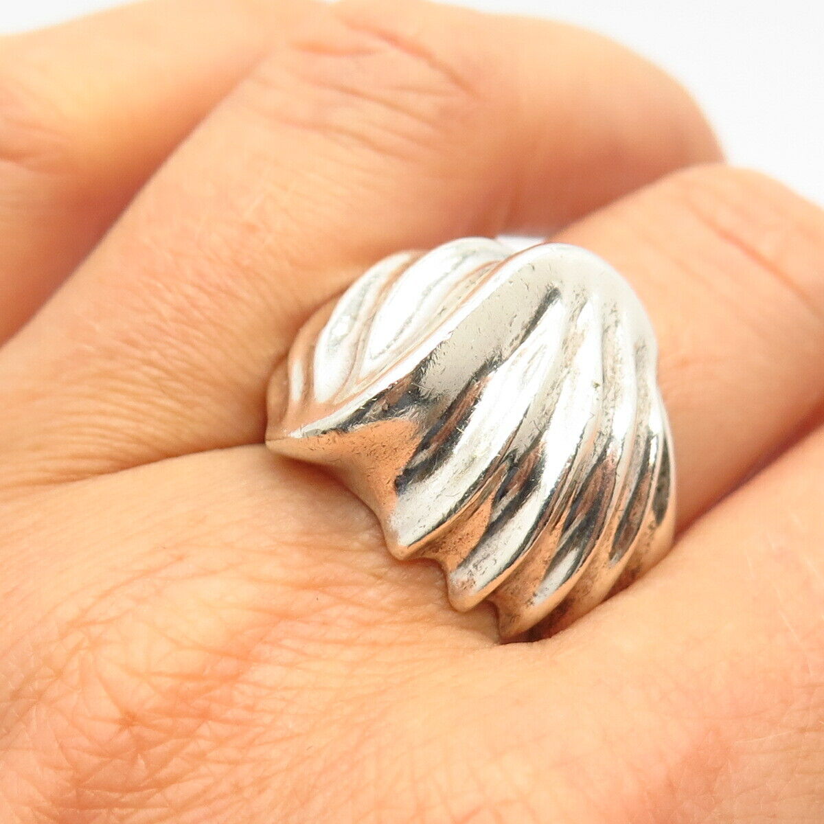 925 Sterling Silver Vintage Mexico Ribbed Design Wide Ring Size 8 3/4