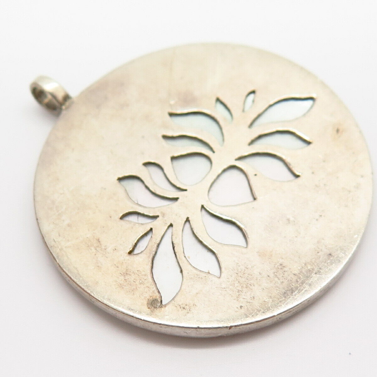 925 Sterling Silver Mother-Of-Pearl Cutout Lotus Floral Design Slide Pendant