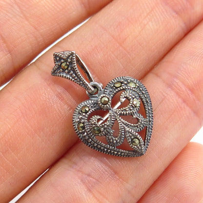 925 Sterling Silver Real Marcasite Gemstone Ornate Heart Design Pendant