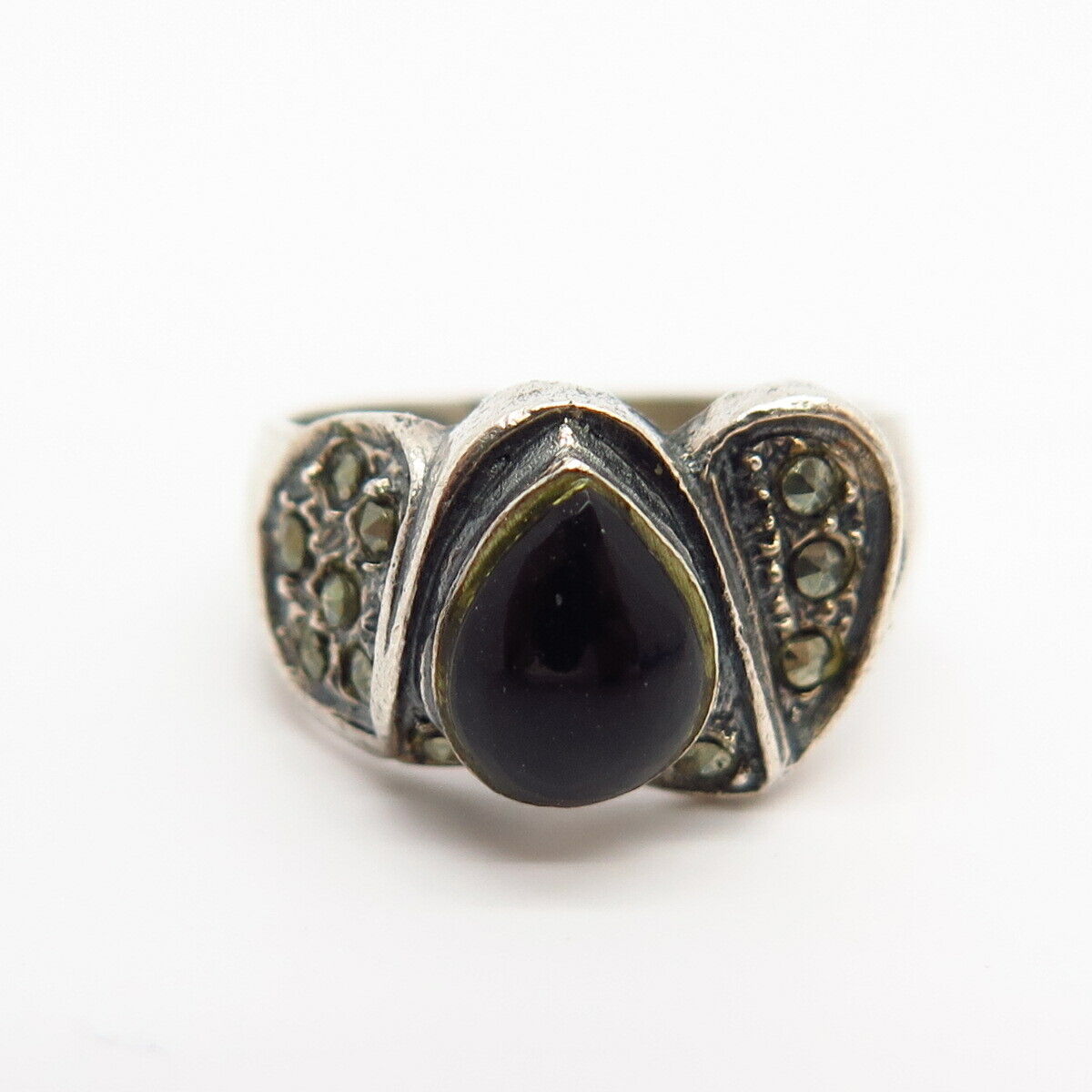 925 Sterling Silver Real Black Onyx & Marcasite Gemstone Ring Size 5 3/4