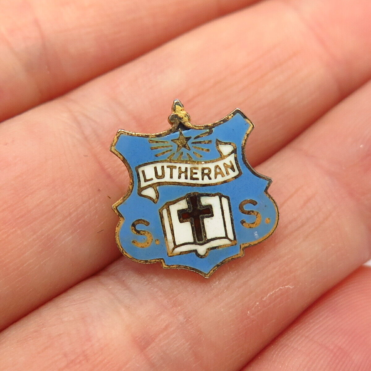 925 Sterling Gold Plated Vintage Enamel "Lutheran Sunday School" Pin Brooch