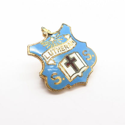 925 Sterling Gold Plated Vintage Enamel "Lutheran Sunday School" Pin Brooch